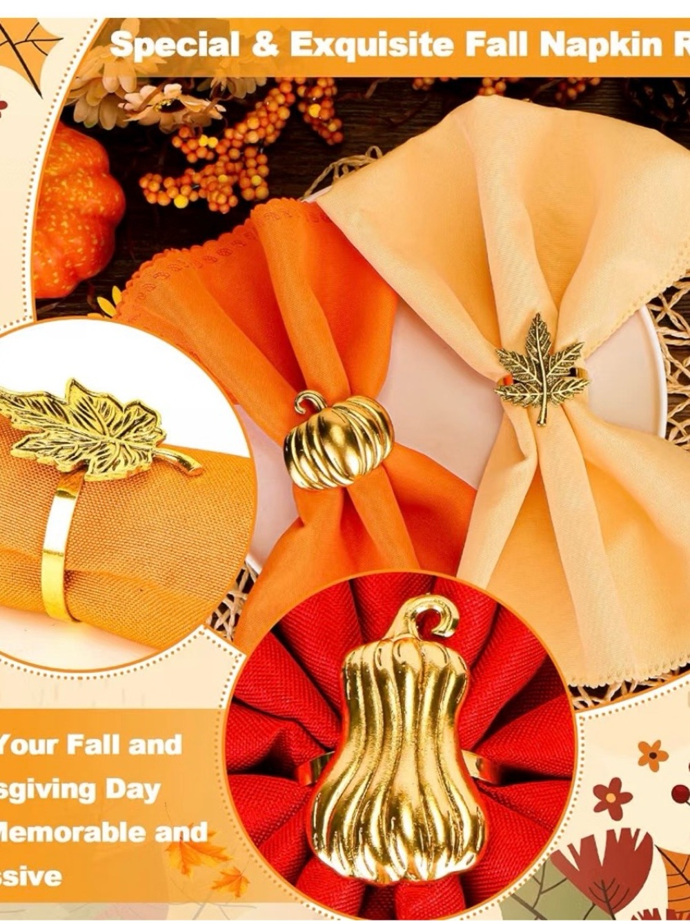 Fall Napkins rings. Vintage gold. Table setting decorations set of six